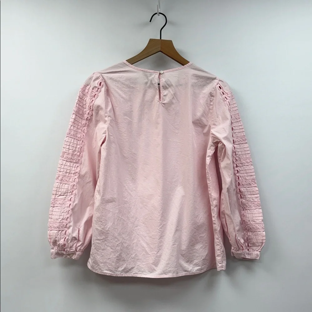 J. Crew Cotton Poplin Pleated Eyelet Puff Sleeve Popover Shirt Pink Small